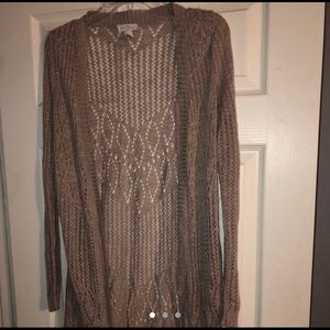 Long tan lightweight cardigan.